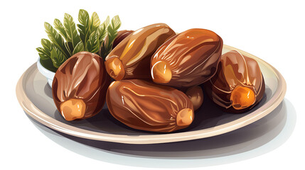 Date Palm Fruit Food Brown Nut Sweet In Plate Vector Illustration With White Background, Generative Ai