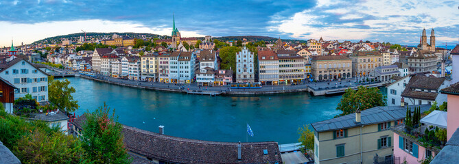 Sunset panorama view of Swiss town Zurich