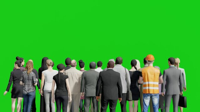 Closeup Back View 3D Crowd Animation on Green Screen Background Chroma key,Isolated Group of People Standing