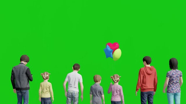 Isolated Group of Children Standing with Balloon,Back View 3D People Animation on Green Screen Background Chroma key