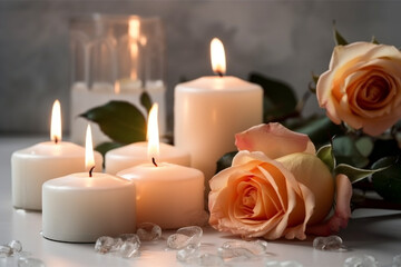 Fototapeta na wymiar candle and roses, white background. generative ai