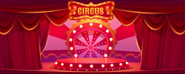 Cartoon circus stage vector background. Carnival arena with red vintage theater curtain. Cirque show round scene festival illustration. Empty marquee podium. Festive theatre platform with neon light. - obrazy, fototapety, plakaty