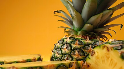 Pineapple composition on yellow background. Generative AI
