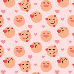 Happy face cartoon with red hearts background, Cute cartoon pattern.