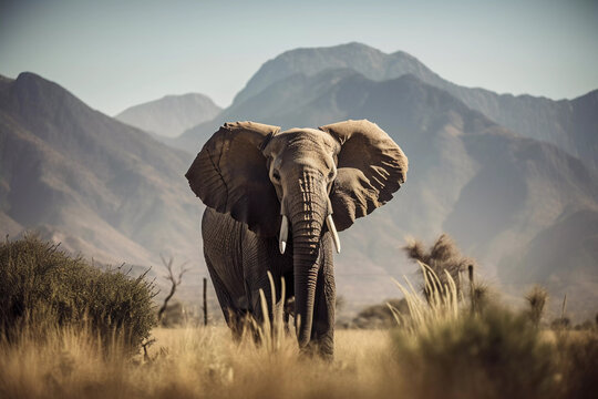 An elephant standing in a field with mountains in the background