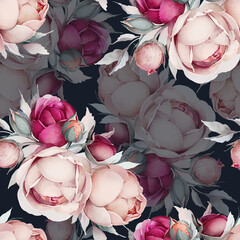 Seamless summer pattern with watercolor flowers handmade on a black background