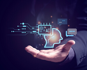 Concept of Artificial Intelligence. Man use AI technology to interact and assist with various processing needs of users, industry, finance, banking, education, agriculture, music.