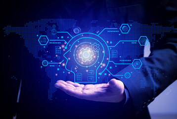 Concept of Artificial Intelligence. Man use AI technology to interact and assist with various processing needs of users, industry, finance, banking, education, agriculture, music.