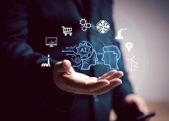 Concept of Artificial Intelligence. Man use AI technology to interact and assist with various processing needs of users, industry, finance, banking, education, agriculture, music.