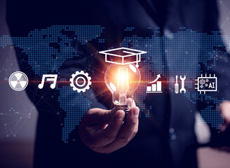 The concept of e-learning education, use technology and Internet to create an online learning network. Various fields of learning, finance, engineers, music, atomic radiation, artificial intelligence.