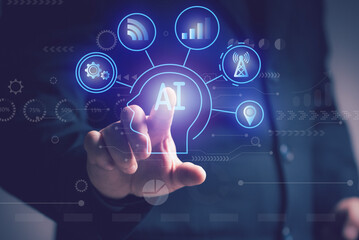 Concept of Artificial Intelligence. Man use AI technology to interact and assist with various processing needs of users, industry, finance, banking, education, agriculture, music.