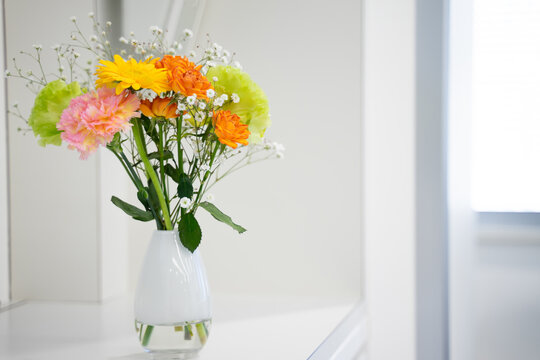Fresh colorful flowers in white vases placed on table in white room