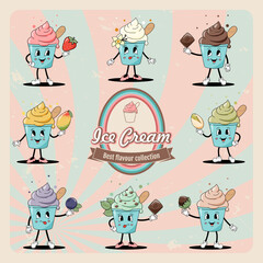 A set of ice creams in a cup with popular flavors. Cute cartoon character from the 60s, 70s. Retro style.