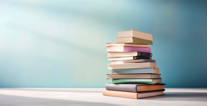 Many books on a wooden table and a pastel blue background. back to school. Education. Generative AI.