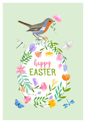 Happy Easter flower egg vector illustration. Trendy Easter design with typography, bird and spring flowers in soft colors for banner, poster, greeting card.