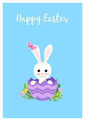 Happy Easter vector illustrations. Trendy Easter design with typography, bunny, flowers, butterfly and egg in soft colors.