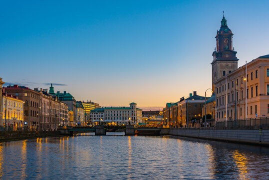 Sunset view of Big harbour channel (stora hamnkanalen) in swedish city Goteborg
