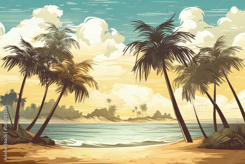 Sticker tropical beach with palm trees and clear blue water created with Generative AI technology