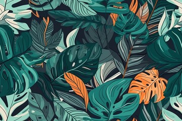 Illustration of green and orange leaves on a dark background created with Generative AI technology