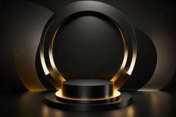 Empty gold and black podium scene for product presentation or for cosmetic products, new luxury modern design with beautiful background. Generative AI