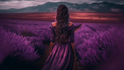 beautiful view on woman in lavender field, a purple fashion dress against the backdrop of mountains with sunset, a breathtaking nature. Generative AI