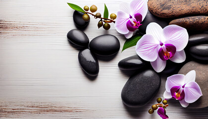 Obraz na płótnie Canvas Spa stones and orchid on wooden background with Generative AI Technology