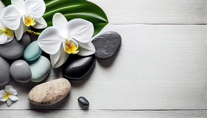 Spa stones and orchid on wooden background with Generative AI Technology