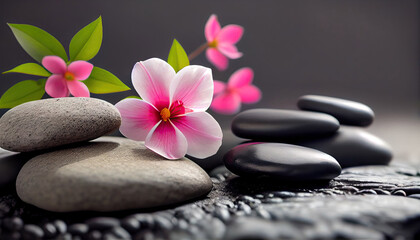 Obraz na płótnie Canvas Spa stones and pink flower on colorful spring background with Generative AI Technology