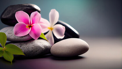Spa stones and pink flower on colorful spring background with Generative AI Technology