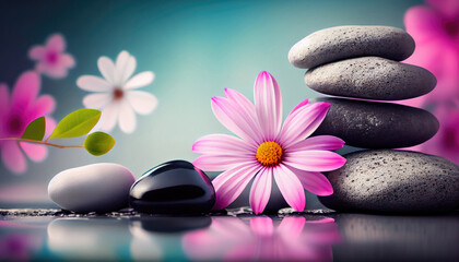 Spa stones and pink flower on colorful spring background with Generative AI Technology