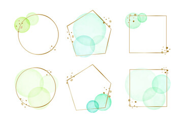 水彩風　グリーン系のドットとメタル調のフレーム素材ベクターイラストセット