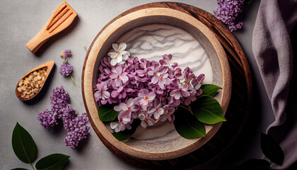 Fototapeta na wymiar Spa and wellness composition with perfumed lilac flowers in wooden bowl and terry towel, aromatherapy with Generative AI Technology