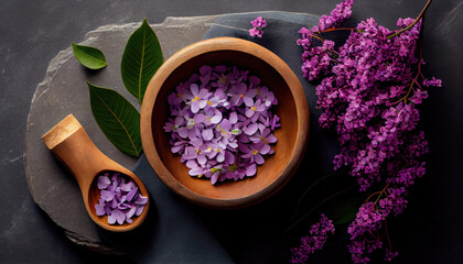 Obraz na płótnie Canvas Spa and wellness composition with perfumed lilac flowers in wooden bowl and terry towel, aromatherapy with Generative AI Technology