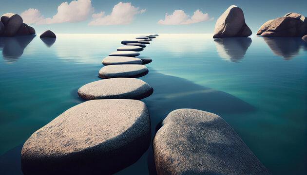Row of stones in calm water in the wide ocean - concept of meditation with Generative AI Technology