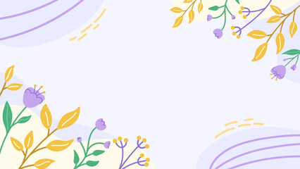 Hand drawn floral background. Flowers and leaves flat illustration with copy space for text.