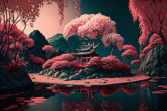 Chinese temple with the pink tree landscape. Generative AI.