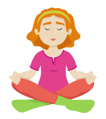 Woman in lotus position. Female character in cartoon style.