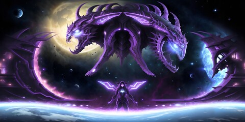 Photo of a woman standing bravely in front of a majestic purple dragon