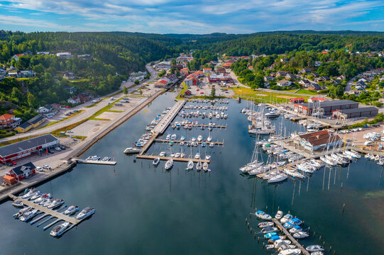 Aerial view of marina in Swedish town Henan