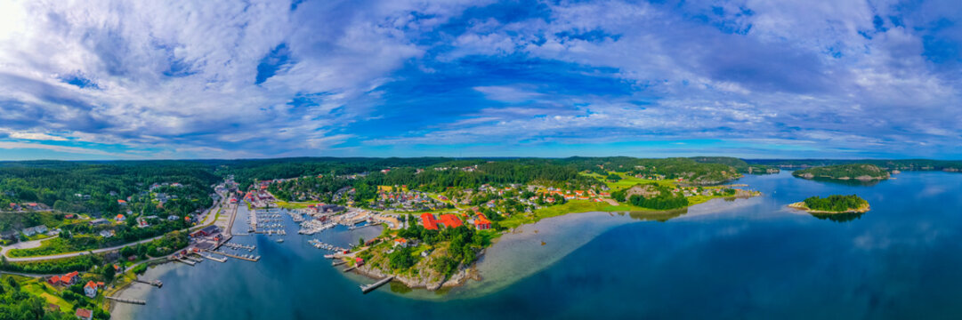 Aerial view of marina in Swedish town Henan