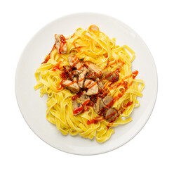 Traditional Italian Egg Pasta, Fettuccine with Chicken, Yellow Pasta with Meat and Tomato Sauce on White