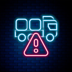 Glowing neon line Stop delivery cargo truck vehicle icon isolated on brick wall background. Colorful outline concept. Vector