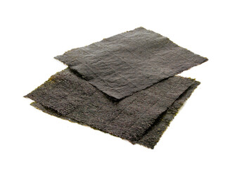 Fototapeta na wymiar Nori Sheet Isolated, Dried Aonori Seaweed, Dry Sea Weed, Seaweed Sheets, Nori Seaweed Pieces on White