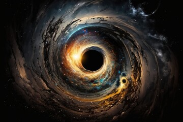 A black hole, surrounded by swirling galaxies and shining stars, captivating to the eyes. Generative AI