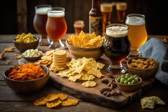 A beer tasting party with a variety of craft brews and snacks to pair with them. Generative AI