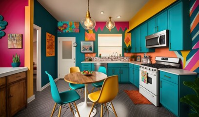  a colorful kitchen with a table and chairs and a stove.  generative ai