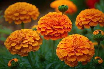 A cluster of bright orange marigolds, adding color to a garden bed. Generative AI