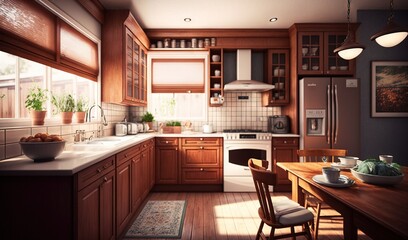  a kitchen with wooden cabinets and a table with a bowl of fruit on it.  generative ai
