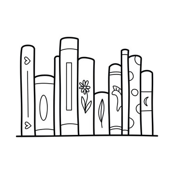 Books on a shelf in doodle style. Vector illustration. Stack of line books.