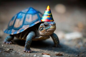A cute turtle with a party hat. Generative AI
